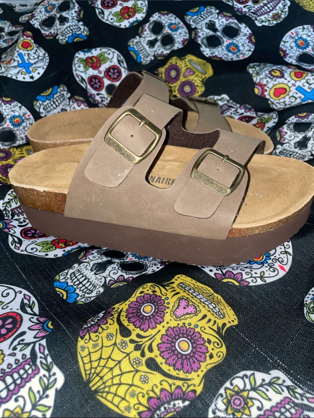 Ladies Brown Double Buckle Platform Sandals
